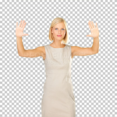Buy stock photo Woman, arms up and stop as portrait for protest or strike rally isolated on transparent png background. Female model person, hands in air for sign or emoji and social justice, pride or confidence