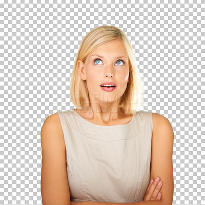Buy stock photo Woman, surprise and thinking of wow idea on transparent background for advertising. Business person or shocked face of a model think of a solution, decision or choice and question isolated on png