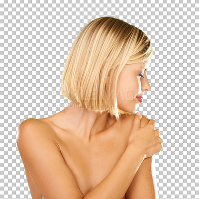 Buy stock photo Skincare, beauty and face of a woman with clean skin on a png, transparent and isolated or mockup background. Portrait of a beautiful blonde girl with good hygiene, health and care or wellness