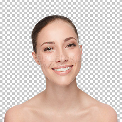 Buy stock photo Woman, skincare facial and portrait for beauty glow or happiness isolated on transparent png background. Female person, wellness and results clean shine routine, dermatology luxury treatment or smile