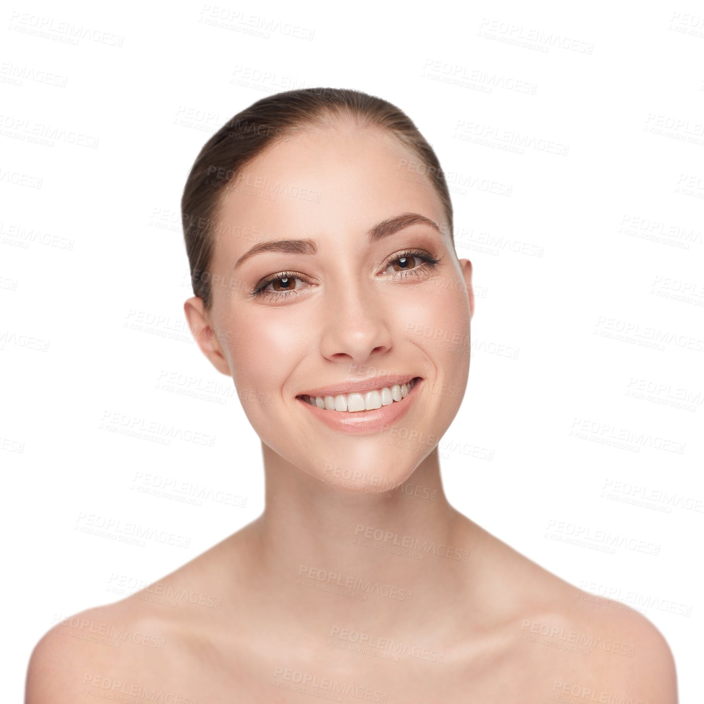 Buy stock photo Woman, skincare facial and portrait for beauty glow or happiness isolated on transparent png background. Female person, wellness and results clean shine routine, dermatology luxury treatment or smile