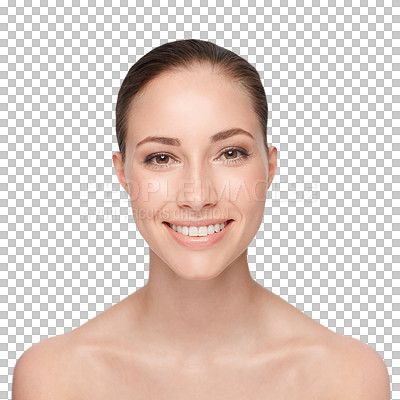 Buy stock photo Woman, skincare or smile portrait for facial treatment or glow wellness isolated on transparent png background. Female person, happy or health face routine shine results natural beauty or dermatology