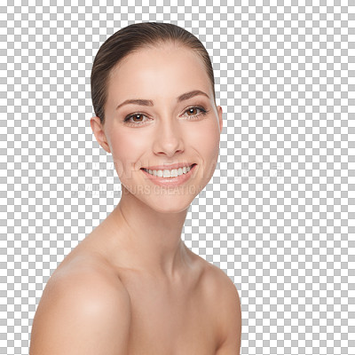 Buy stock photo Woman, skincare and facial portrait for beauty glow results or happy isolated on transparent png background. Female person, mockup or healthy dermatology wellness or clean routine, smile or treatment