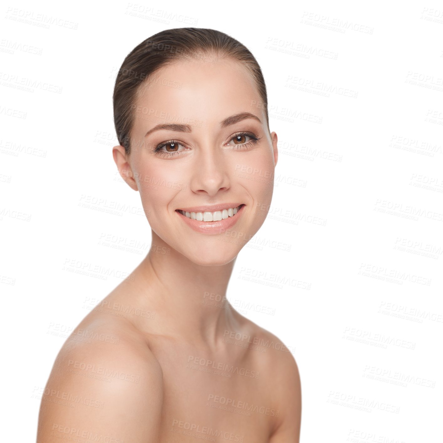 Buy stock photo Woman, skincare and facial portrait for beauty glow results or happy isolated on transparent png background. Female person, mockup or healthy dermatology wellness or clean routine, smile or treatment