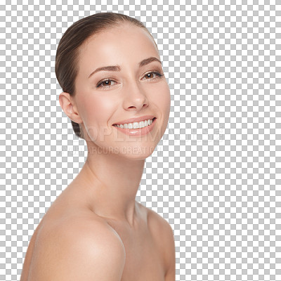 Buy stock photo Happy woman, skincare and beauty portrait for wellness glow results or facial isolated on transparent png background. Female person, healthy shine and dermatology review, cosmetics for confidence