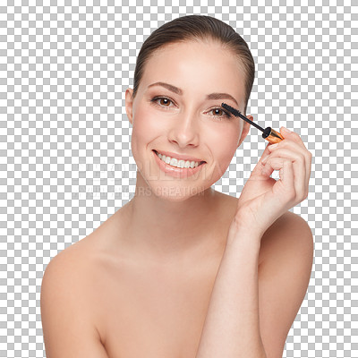 Buy stock photo Woman, makeup and mascara application as portrait smile isolated on transparent png background. Happy person, eyelash extension volume tool and beauty or luxury product, face cosmetic or self care