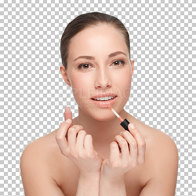 Buy stock photo Woman, lip gloss makeup and portrait for cosmetics glow or beauty product isolated on transparent png background. Female model person, balm routine and luxury glam application, face or shine care