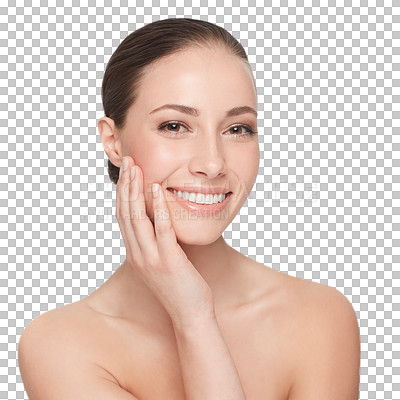 Buy stock photo Happy woman, skincare and hand on face for beauty portrait or wellness results or product isolated on transparent png background. Female, health glow and portrait or mockup, advertising or cosmetics