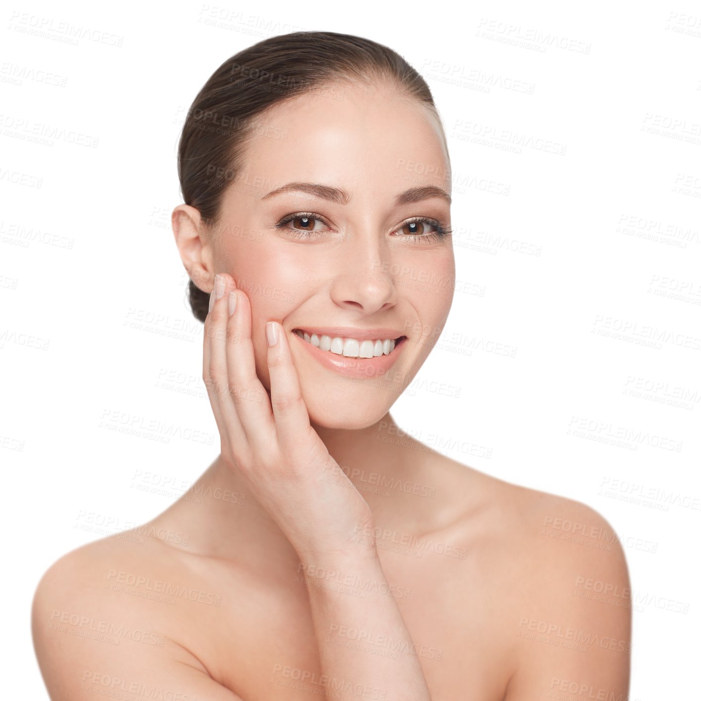 Buy stock photo Happy woman, skincare and hand on face for beauty portrait or wellness results or product isolated on transparent png background. Female, health glow and portrait or mockup, advertising or cosmetics