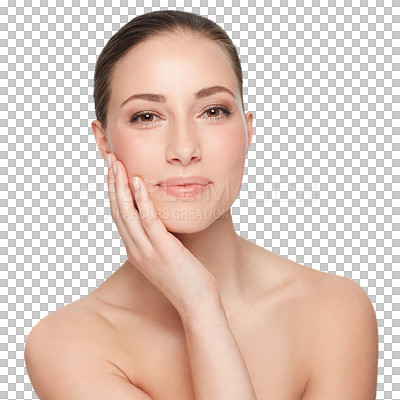 Buy stock photo Skincare, beauty and face of a woman with a happy smile and clean skin on a png, transparent and mockup or isolated background. Portrait of good hygiene, health and care or wellness