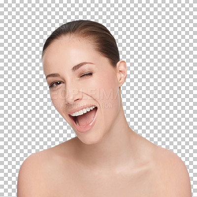 Buy stock photo Woman, wink and face skincare as portrait happy beauty isolated on transparent png background. Female person, clean results and health or wellness product for natural confident or soft, glow or shine