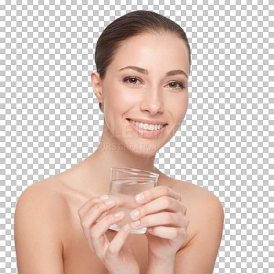 Buy stock photo Woman, water glass and skincare results for portrait, hydration or smile isolated on transparent png background. Female person, glow dermatology and mockup for fresh look, facial or natural shine