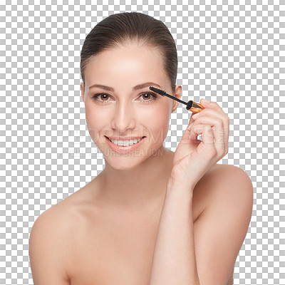 Buy stock photo Woman, mascara makeup and beauty portrait isolated on transparent png background. Female person, eyelash extension application brush and cosmetic smile for happy confidence, glam results or shine