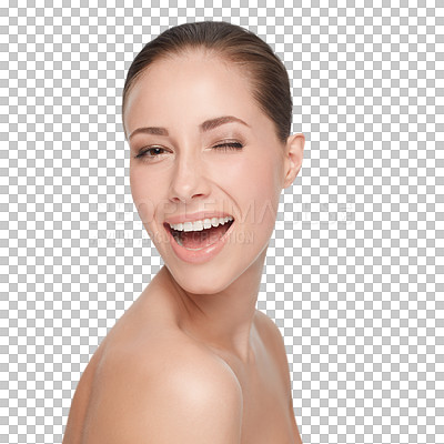 Buy stock photo Woman, skincare and wink as portrait clean results product isolated on transparent png background. Female person, health and wellness routine for natural glow, shine treatment or fresh face smile