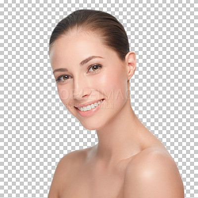 Buy stock photo Skincare, beauty and face of a woman with a happy smile, teeth and clean skin on a png, transparent and isolated or mockup background. Portrait of good hygiene, health and dental care or wellness