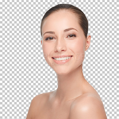 Buy stock photo Woman, skincare and beauty results portrait, wellness or morning routine glow isolated on transparent png background. Female person, smile and dermatology clean shine, natural or health self care