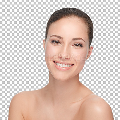 Buy stock photo Woman, skincare or smile portrait for natural facial treatment, wellness or isolated transparent png background. Female person, happy glow or healthy beauty for self care routine or dermatology shine