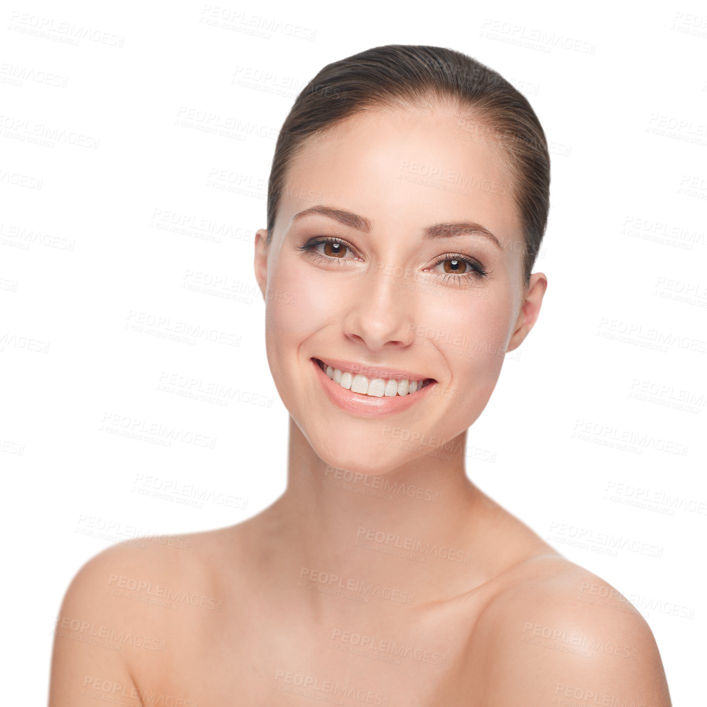 Buy stock photo Woman, skincare or smile portrait for natural facial treatment, wellness or isolated transparent png background. Female person, happy glow or healthy beauty for self care routine or dermatology shine