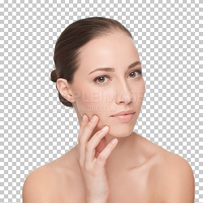 Buy stock photo Woman, skincare and hand as portrait clean results mockup isolated on transparent png background. Female person, health and wellness routine for natural glow, shine treatment or fresh face confidence