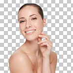 Skincare, beauty and face of a woman with a happy smile, teeth and clean skin on a png, transparent and isolated or mockup background. Portrait of good hygiene, health and dental care or wellness