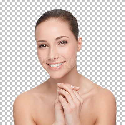 Buy stock photo Woman, skincare or beauty portrait for dermatology shine, glow or wellness isolated transparent png background. Female person, happy and healthy facial routine or luxury results, natural or clean