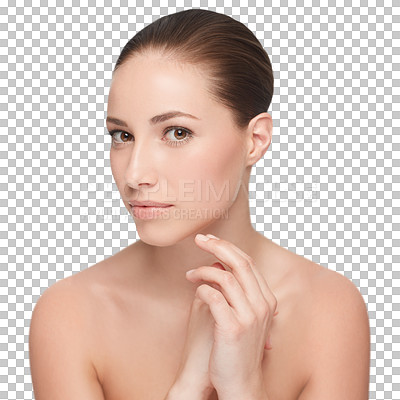Buy stock photo Woman, skincare and hands as portrait clean results product isolated on transparent png background. Female person, health or wellness routine for natural glow, shine treatment or fresh face confident
