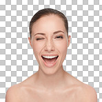 Skincare, beauty and face of a woman with a happy smile, wink and clean skin on a png, transparent and isolated or mockup background. Portrait of good hygiene, health and wellness