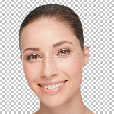 Buy stock photo Woman, smile and portrait skincare beauty results, health or wellness isolated on transparent png background. Female person, clean face and morning routine dermatology spa cosmetic, shine or glow 