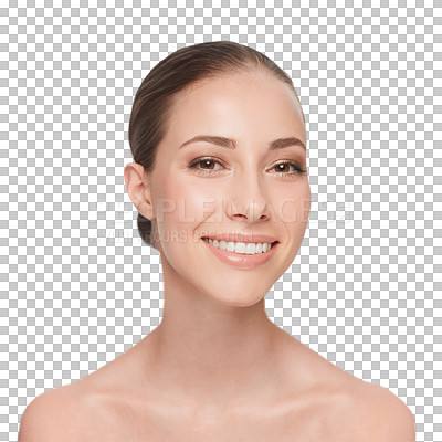 Buy stock photo Woman, skincare cleaning or collagen portrait luxury beauty, wellness or smile isolated on transparent png background. Female person, face and health body confident glow results, cosmetic or shine