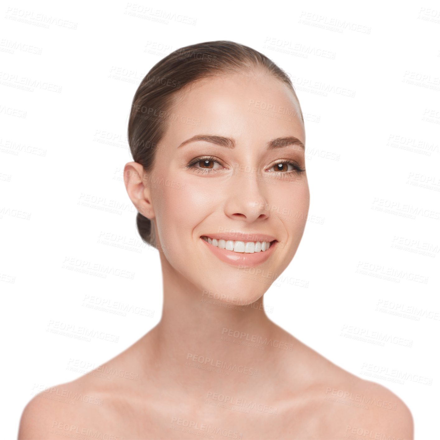 Buy stock photo Woman, skincare cleaning or collagen portrait luxury beauty, wellness or smile isolated on transparent png background. Female person, face and health body confident glow results, cosmetic or shine