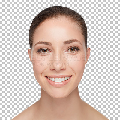 Buy stock photo Happy woman, portrait and skincare smile for beauty wellness, results or clean isolated on transparent png background. Female person, face and cosmetic self pride for health glow, shine for happiness
