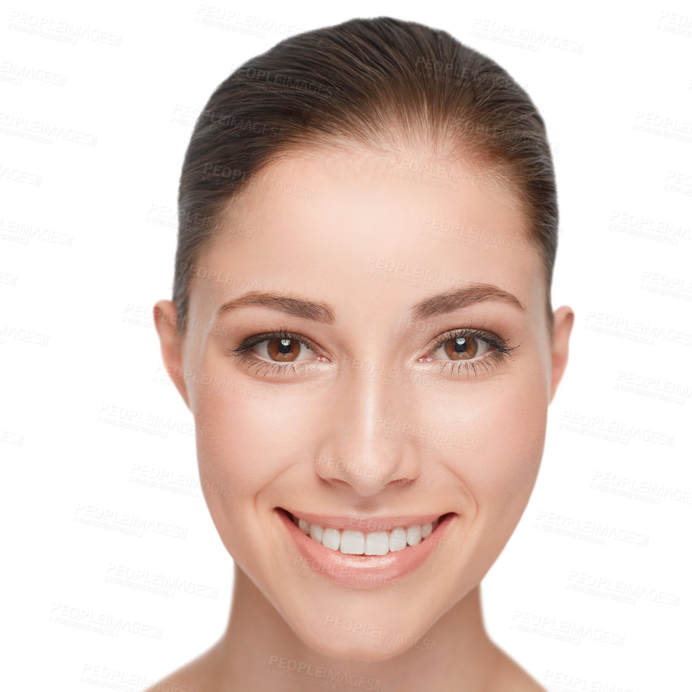 Buy stock photo Woman, face and skincare smile for wellness health, results or clean isolated on transparent png background. Female person, portrait and cosmetic dermatology luxury or confident glow, shine for happy