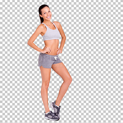 Buy stock photo Fitness, exercise and healthy body of a woman after her workout and training on a png, transparent and mockup or isolated background. A beautiful girl feeling fit and confident in wellness or sport