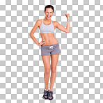 Fitness, exercise and healthy body of a woman with a muscle flex after workout or training on a png, transparent and mockup or isolated background. A girl feeling fit, strong and confident in sport