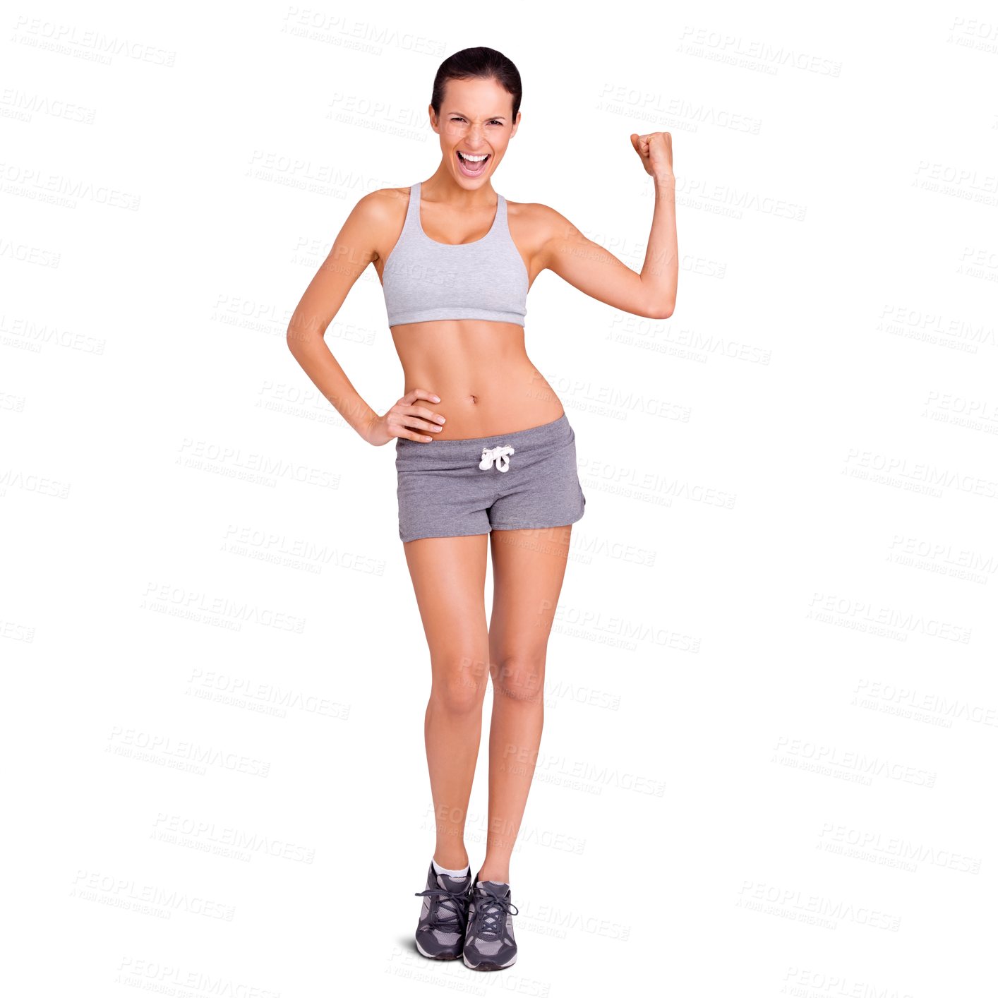 Buy stock photo Fitness, exercise and healthy body of a woman with a muscle flex after workout or training on a png, transparent and mockup or isolated background. A girl feeling fit, strong and confident in sport