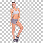 Fotografia do Stock: Portrait, fitness and PNG with a sports woman isolated  on a transparent background for health or wellness. Exercise, workout and  focus with an attractive young indian female athlete training