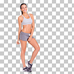 Fitness, exercise and healthy body of a woman after her workout and training on a png, transparent and mockup or isolated background. A beautiful girl feeling fit and confident in wellness or sport