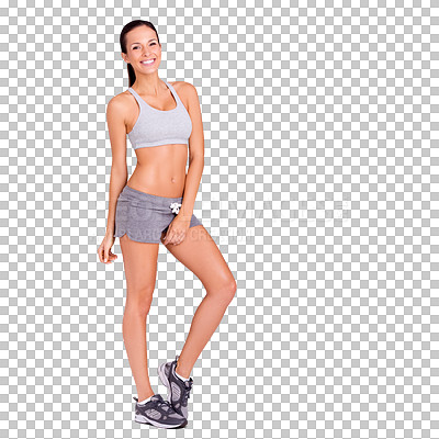 Buy stock photo Woman, fitness or smile as portrait for healthy, athlete body or energy isolated on transparent png background. Female model, face or sport workout clothes for strong wellness, training or confidence