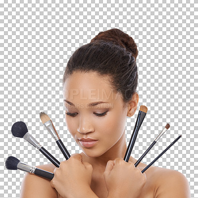 Buy stock photo Woman, makeup or brush for beauty cosmetic product for face routine isolated on transparent png background. Female person, looking down and self care treatment tools for luxury, foundation or glow