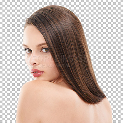 Buy stock photo Hair, skincare and beauty portrait of a woman from Brazil with healthy skin, glowing and beautiful face. Wellness, cosmetics and girl isolated on png, transparent and mockup background for hair care