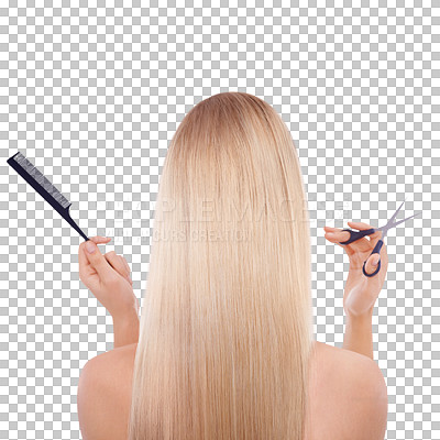 Buy stock photo Woman, back and isolated for hair, scissors or comb with grooming tools by transparent png background. Girl, person and model with hairdresser equipment for hairstyle, cutting or cosmetics for change