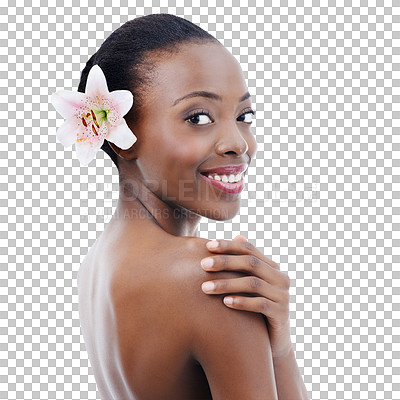 Buy stock photo Portrait, beauty or skincare and black woman with flower isolated on transparent background for wellness. Smile, aesthetic or natural and happy young model with orchid plant on PNG for dermatology