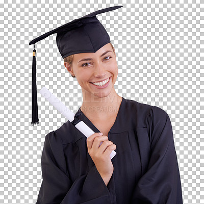 Buy stock photo Graduation, certificate and portrait of woman in gown for education, achievement and opportunity for future. Student, scholarship and paper with diploma on isolated, transparent and png background