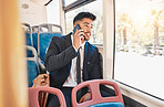 Phone, travel or communication with a business man talking and networking on a bus, public transport and commuting in a city. 5g mobile technology with a young worker having a conversation on a call