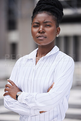 Buy stock photo Motivation, vision and mission with a mindset of vision and a mission of growth and development for her company in the city. Portrait of a business woman standing arms crossed on an urban background