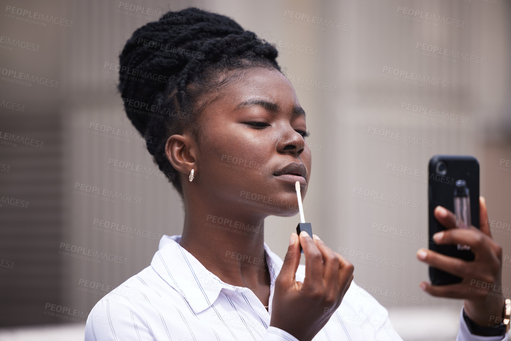 Buy stock photo Business woman with beauty cosmetics with camera phone, person with lipstick or face makeup with cellphone mirror in the urban city. Employee and worker ready for work in the morning with 5g mobile