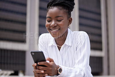Buy stock photo Phone, communication or networking with a business woman working in the city with motivation, a vision and a mission for growth and development. 5g mobile technology with a marketing worker outside