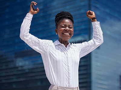 Buy stock photo Excited, happy and celebration woman employee with phone for deal, promotion and online sale in a city. Smiling, successful and cheerful freelance entrepreneur cheering after winning the lottery