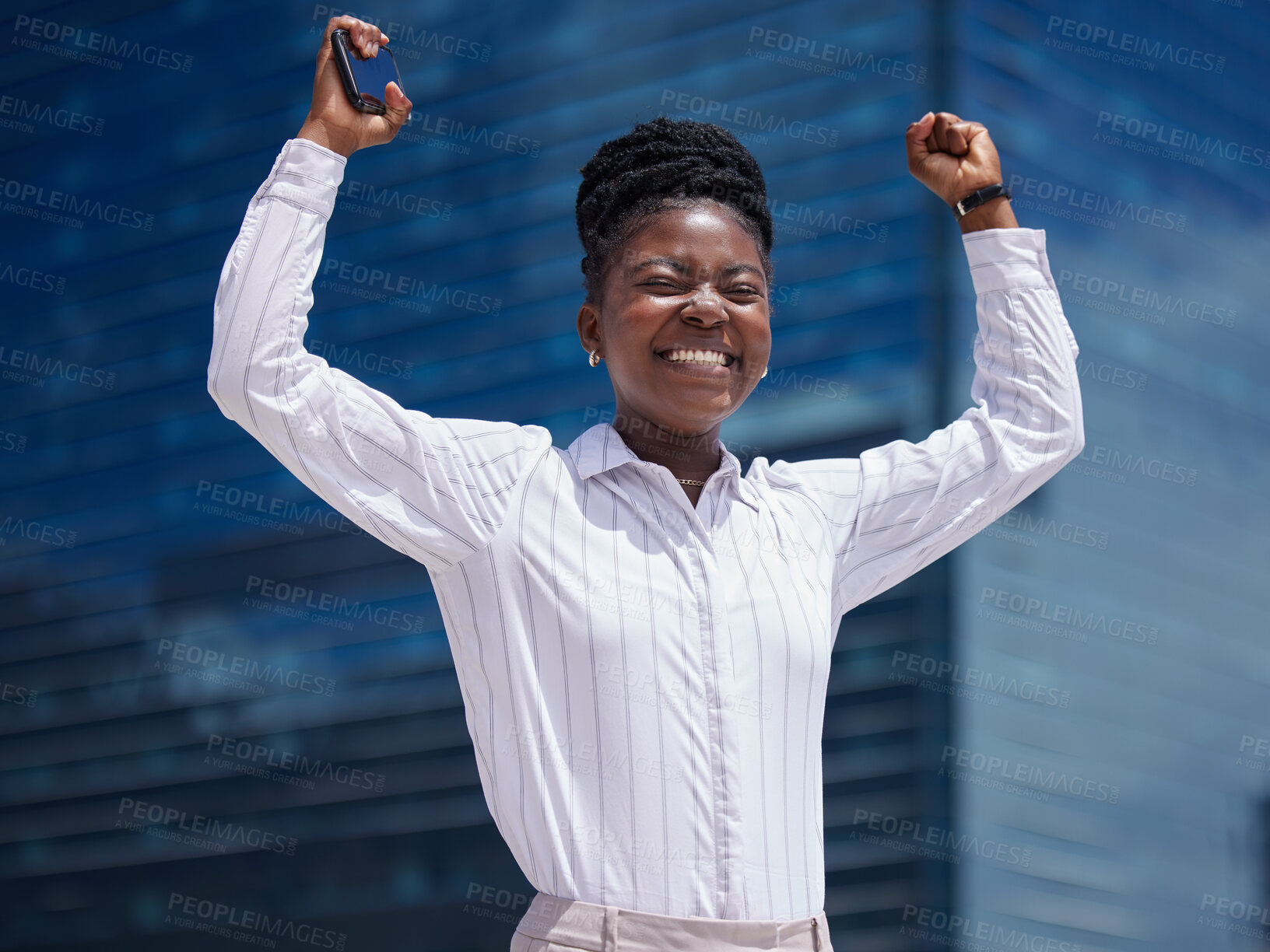 Buy stock photo Excited, happy and celebration woman employee with phone for deal, promotion and online sale in a city. Smiling, successful and cheerful freelance entrepreneur cheering after winning the lottery