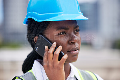 Buy stock photo Architect engineer on a phone call conversation at a construction site building working in a safety helmet. Architecture and industrial designer in a serious discussion about engineering project